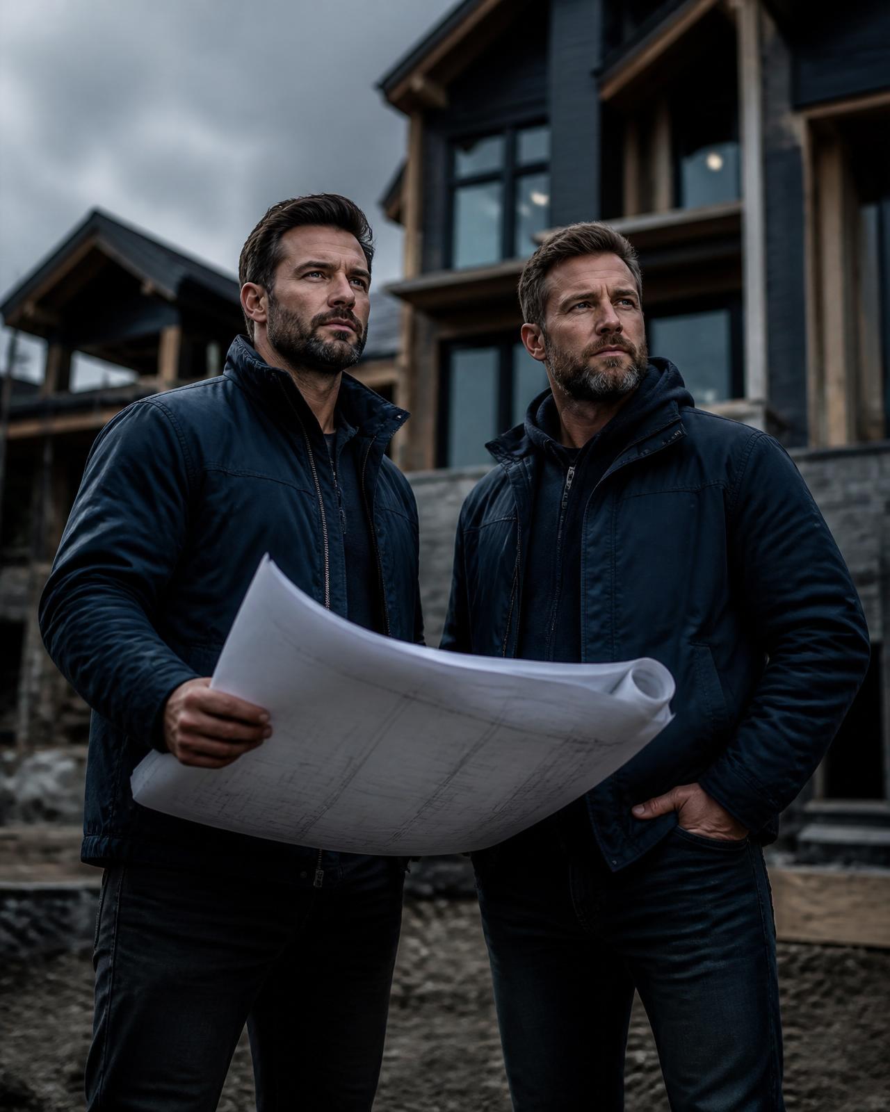 Cody Freeman and Corwin Green on-site with blueprints